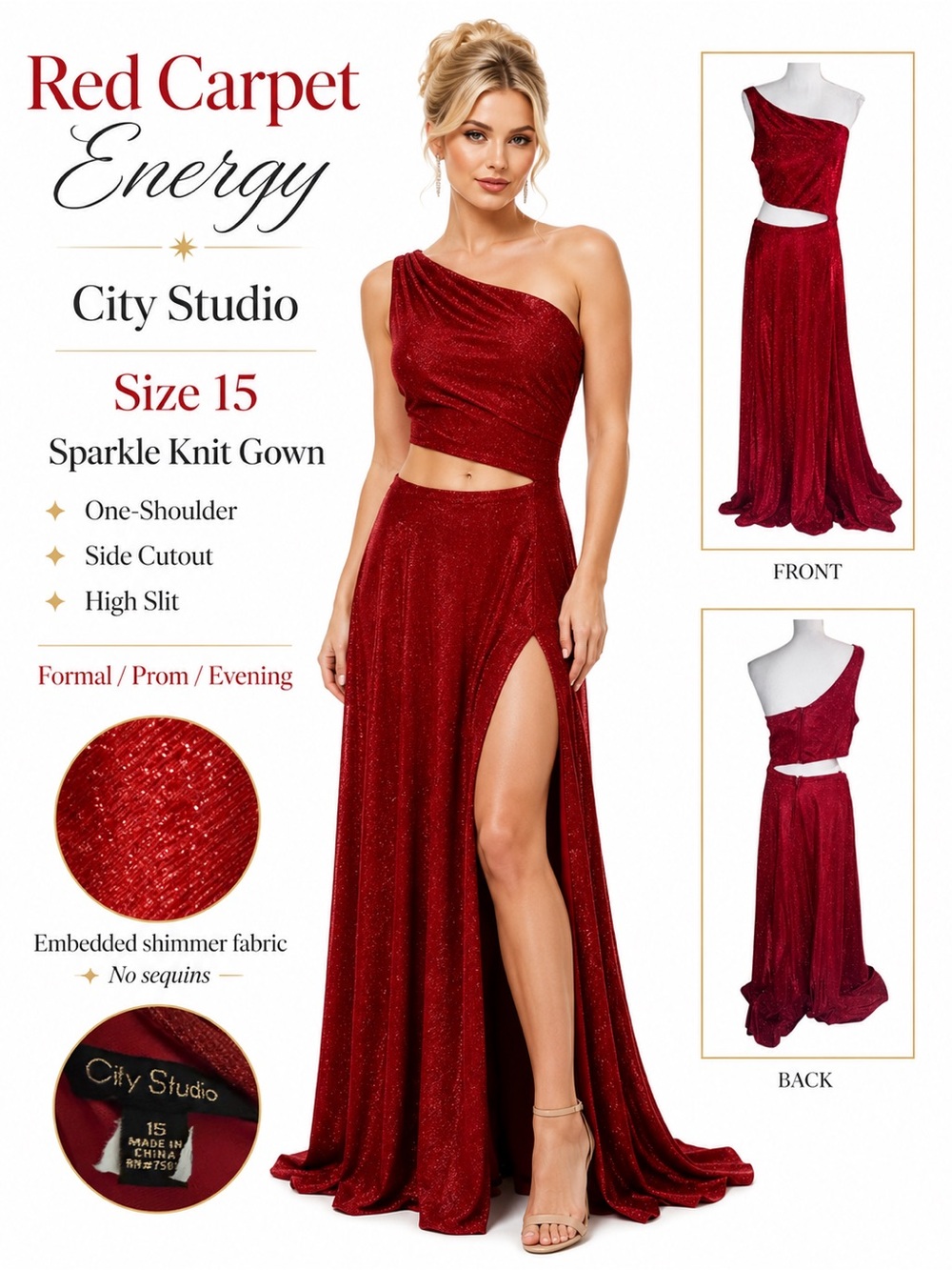 City Studio Red Sparkle One Shoulder Cutout side slit Formal Gown Size 15